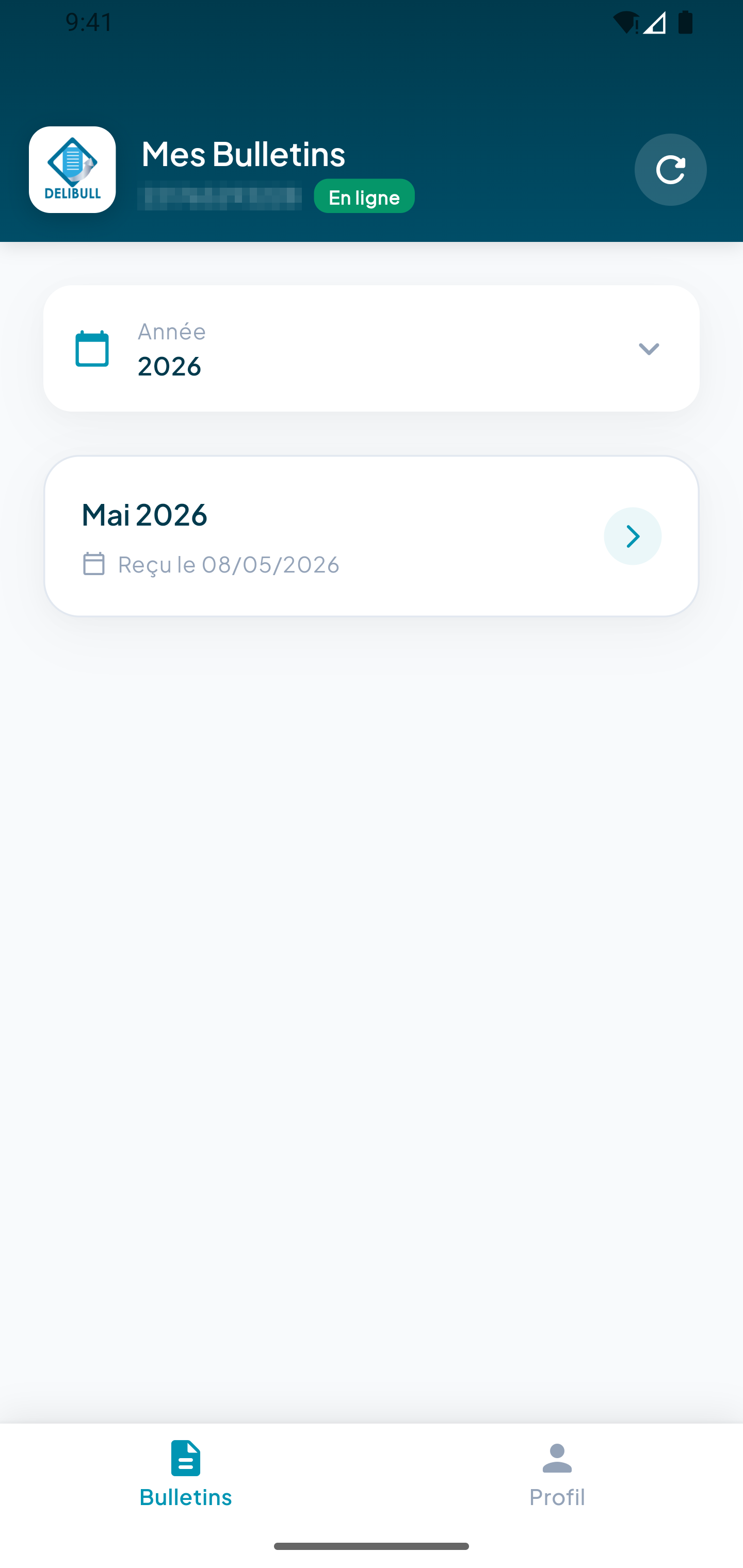 Écran de l'application DELIBULL affichant la liste des bulletins de paie